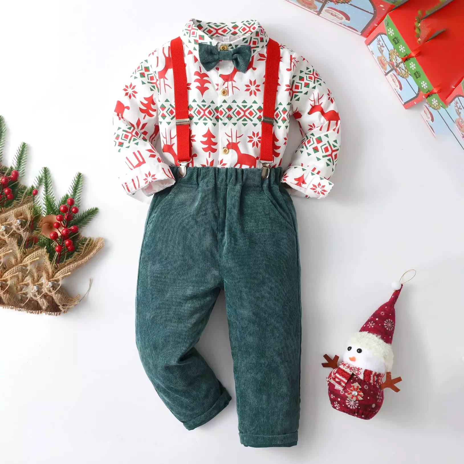 2 Pieces Set Baby Kid Boys Christmas Cartoon Print Tops And Solid Color Pants Wholesale 23082864