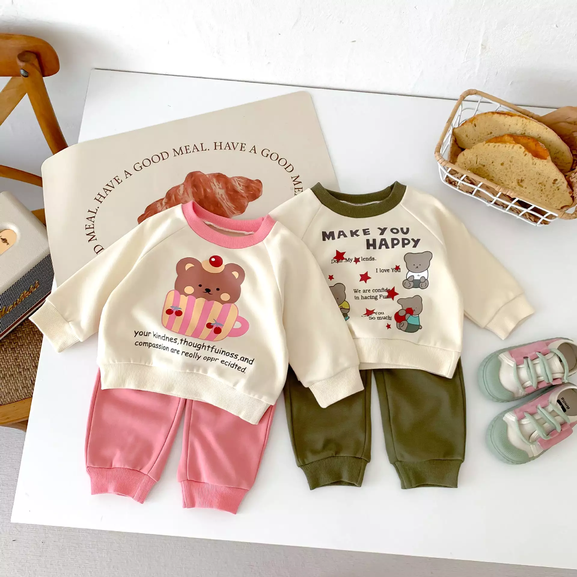 2 Pieces Set Baby Kid Girls Boys Letters Cartoon Print Tops And Solid Color Pants Wholesale 23101908