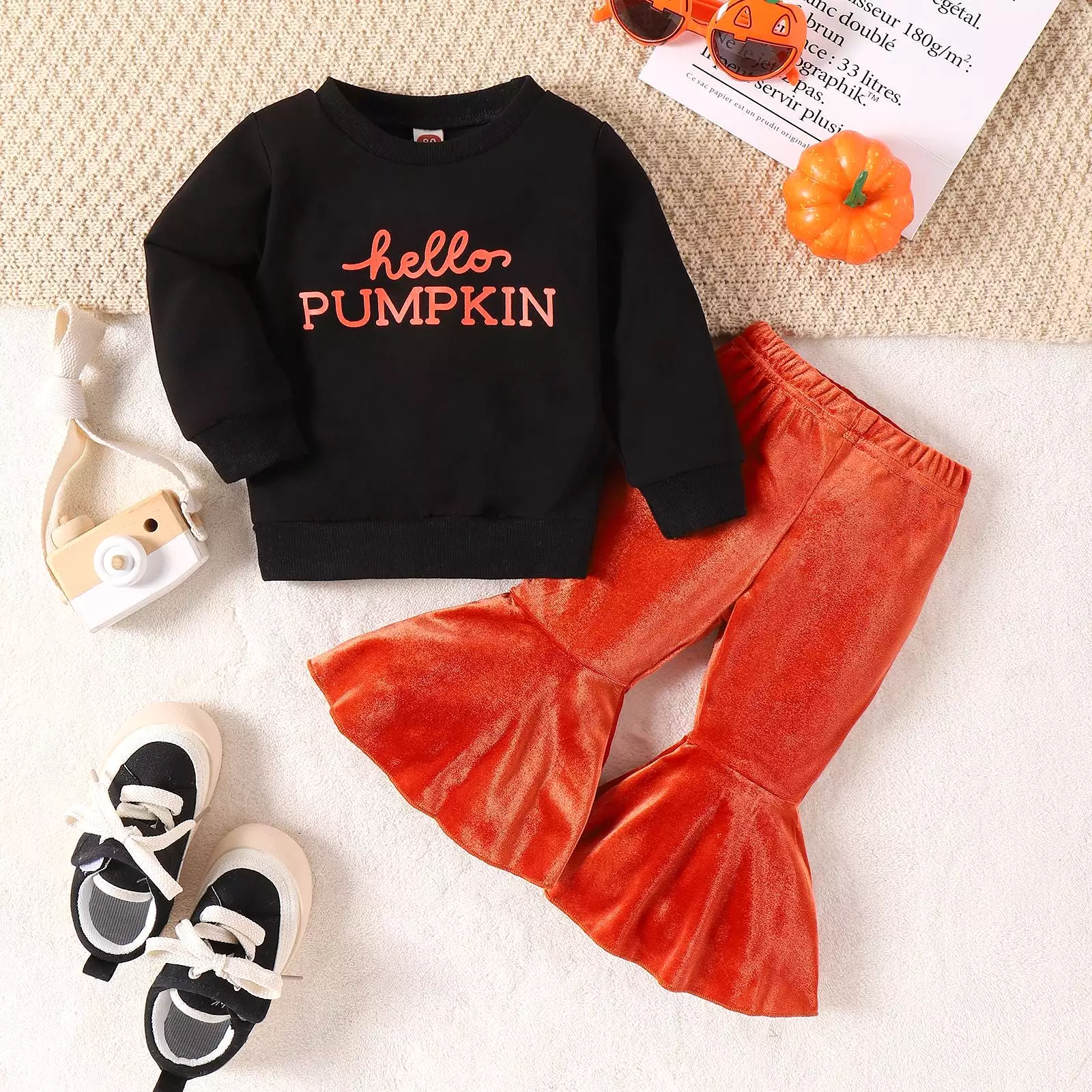 2 Pieces Set Baby Kid Girls Halloween Letters Print Tops And Solid Color Pants Wholesale 24011116