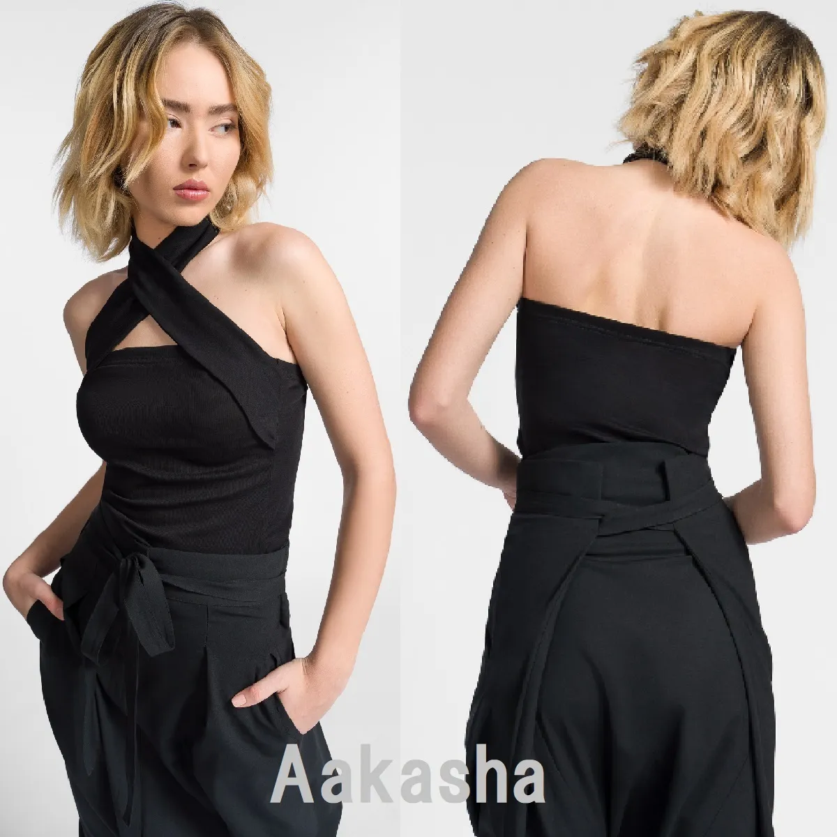 Aakasha  |Short Rib Halter Neck Street Style Plain Cotton Handmade