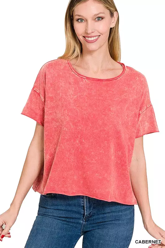 Acid Wash Raw Edge Short Sleeve Crop Top