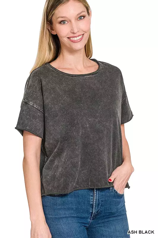 Acid Wash Raw Edge Short Sleeve Crop Top