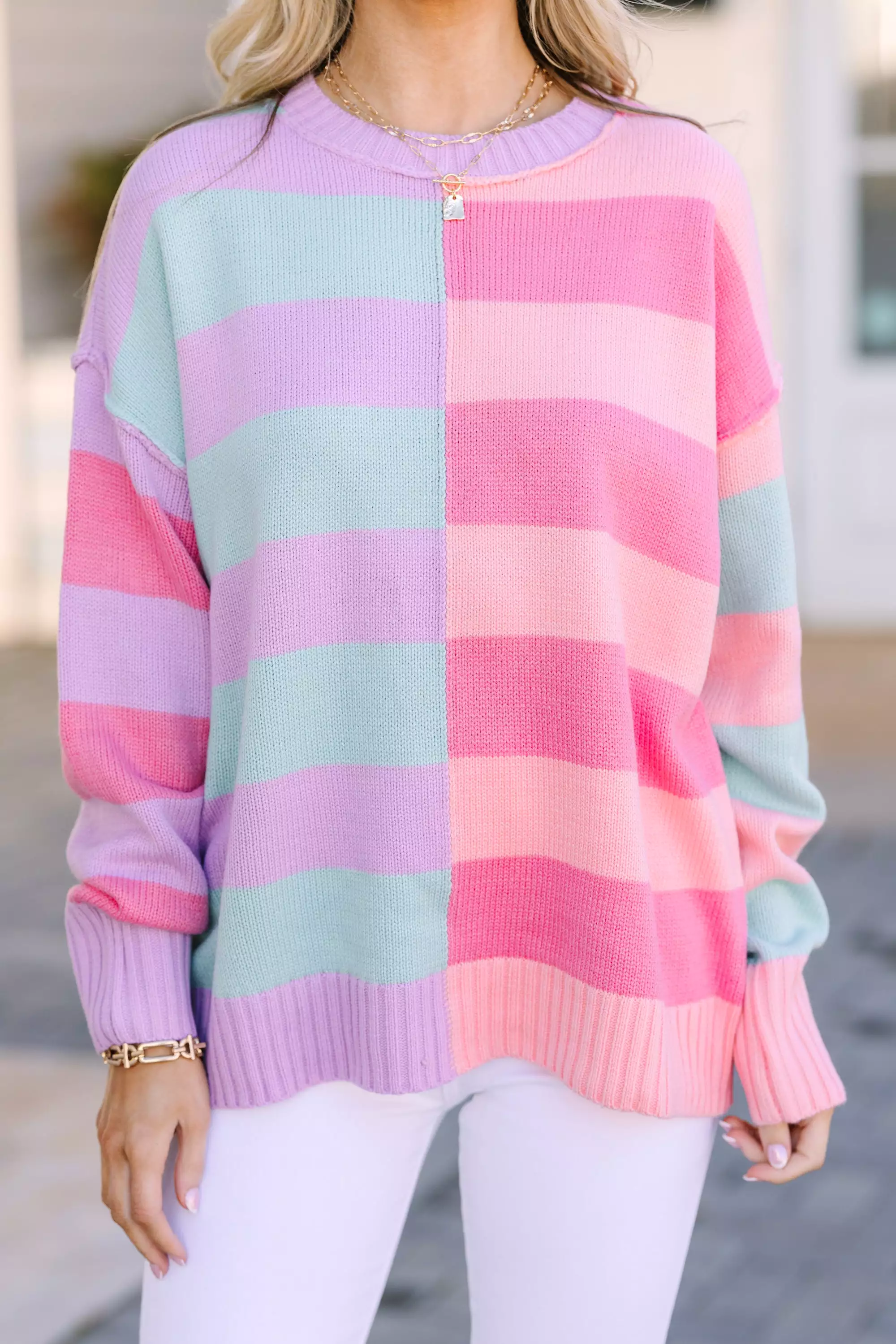 All About You Mint & Coral Striped Sweater