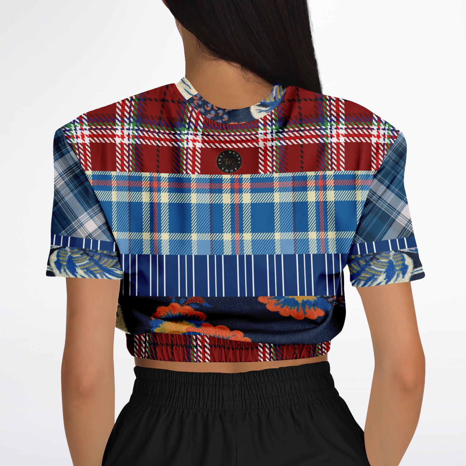 Andromeda Blue Plaid Short Sleeve Cropped Eco-Poly Sweater