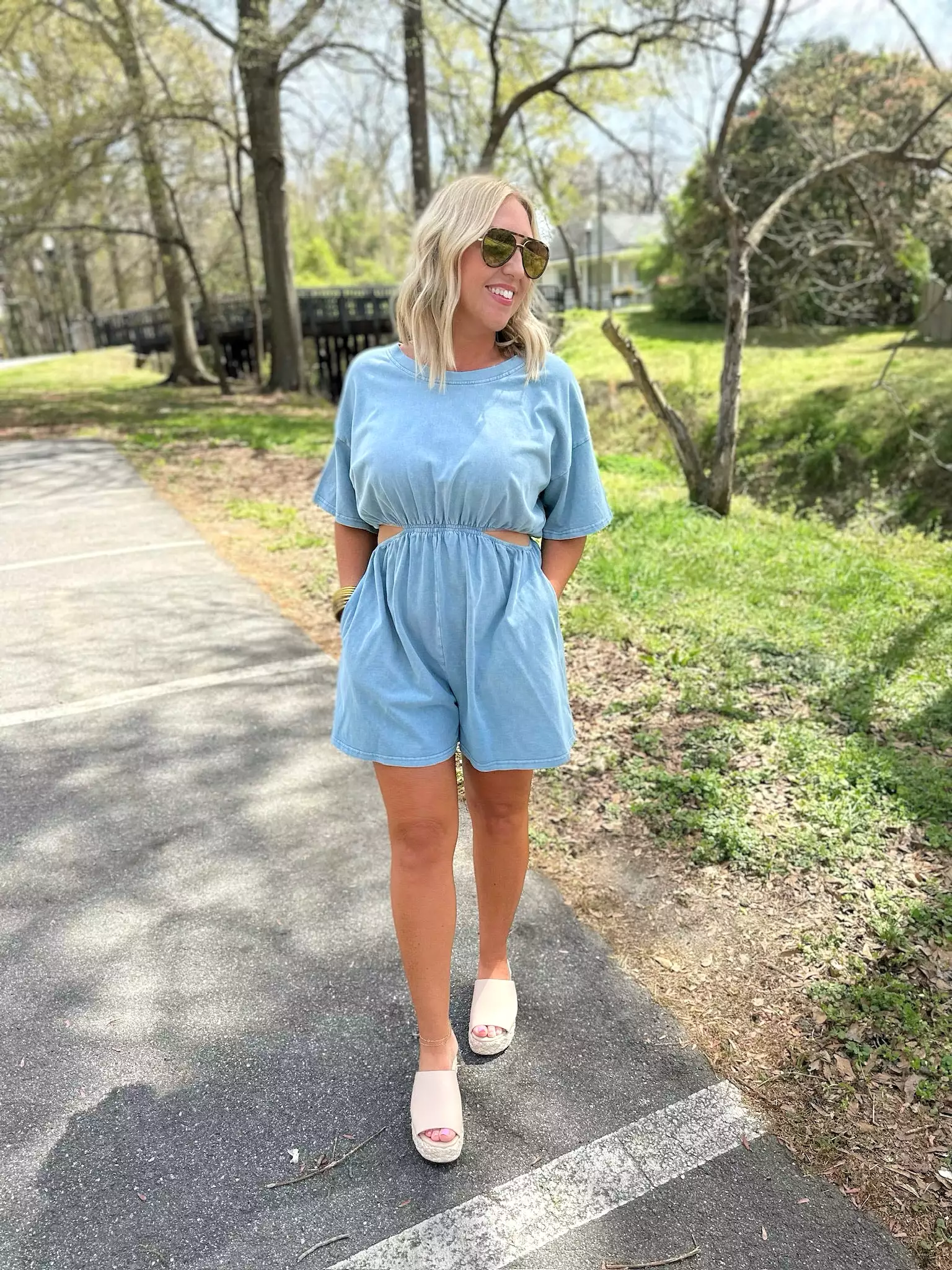 Beach Day Ash Blue Cutout Short Sleeve Romper