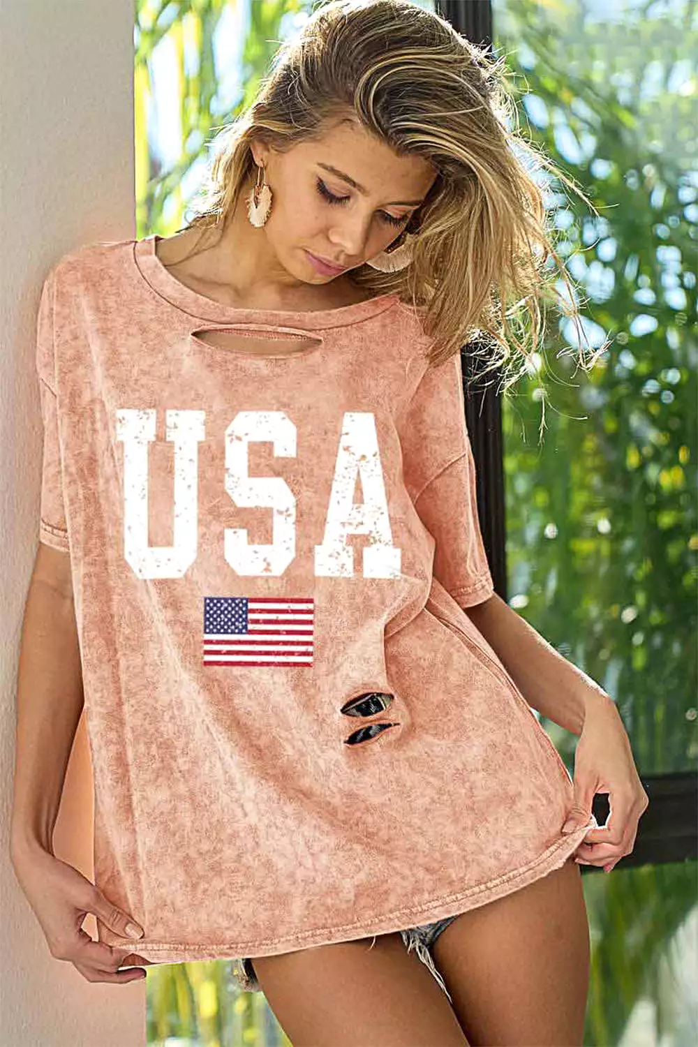 BiBi Washed American Flag Graphic Distressed T-Shirt