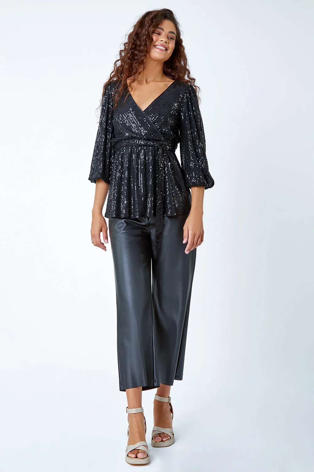 Black Embellished Sequin Stretch Wrap Top | Roman UK