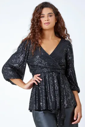 Black Embellished Sequin Stretch Wrap Top | Roman UK