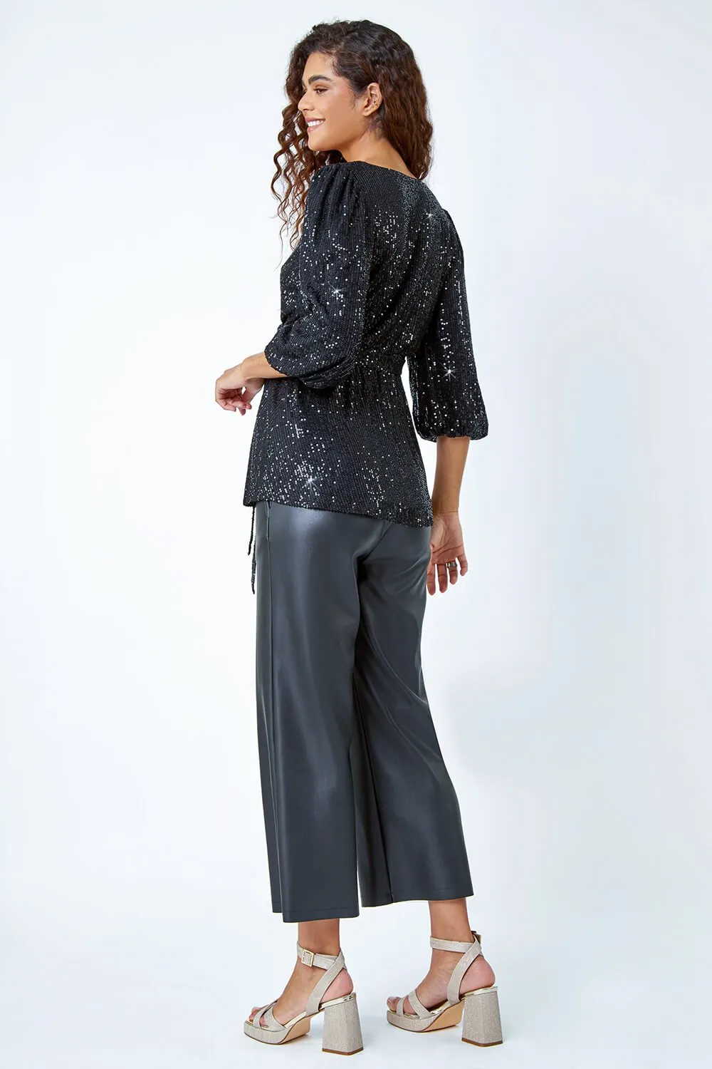 Black Embellished Sequin Stretch Wrap Top | Roman UK