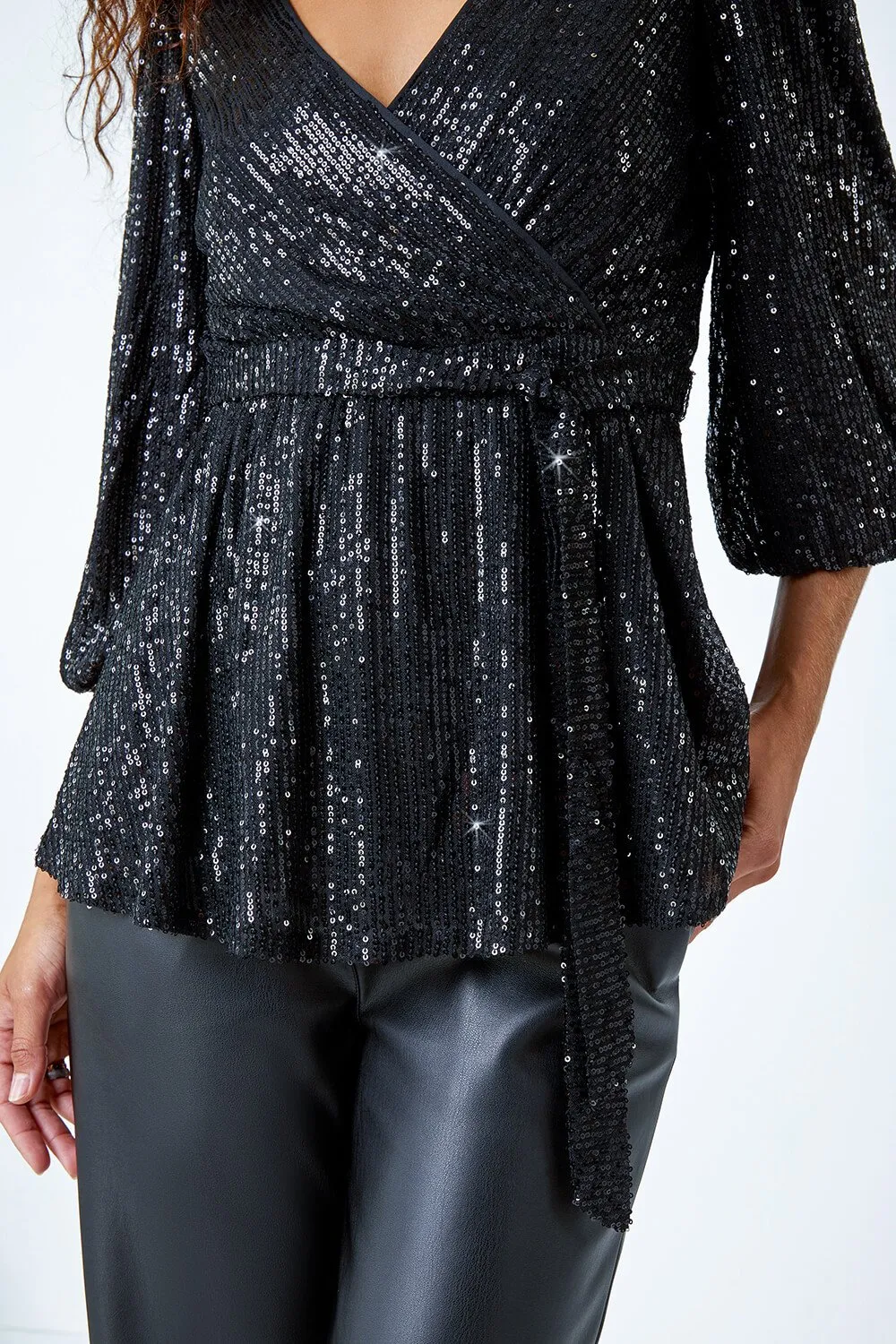 Black Embellished Sequin Stretch Wrap Top | Roman UK