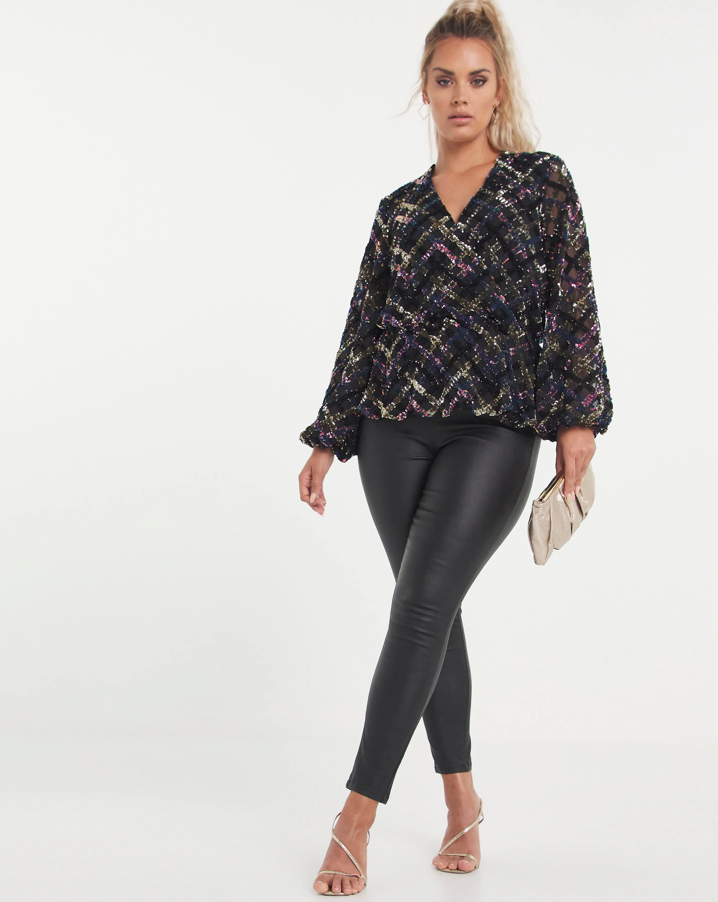 Black Premium Sequin Wrap Top | Simply Be