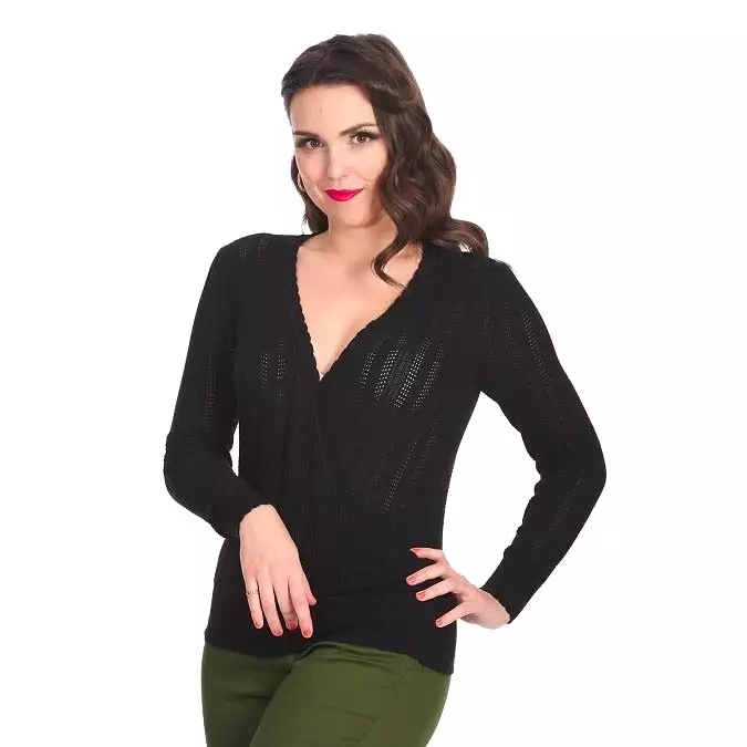 Black Vintage Long Sleeve Knitted Wrap Effect Top