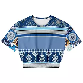 Blue Agadir Moroccan Tile Short Sleeve Cropped Eco-Poly Sweater