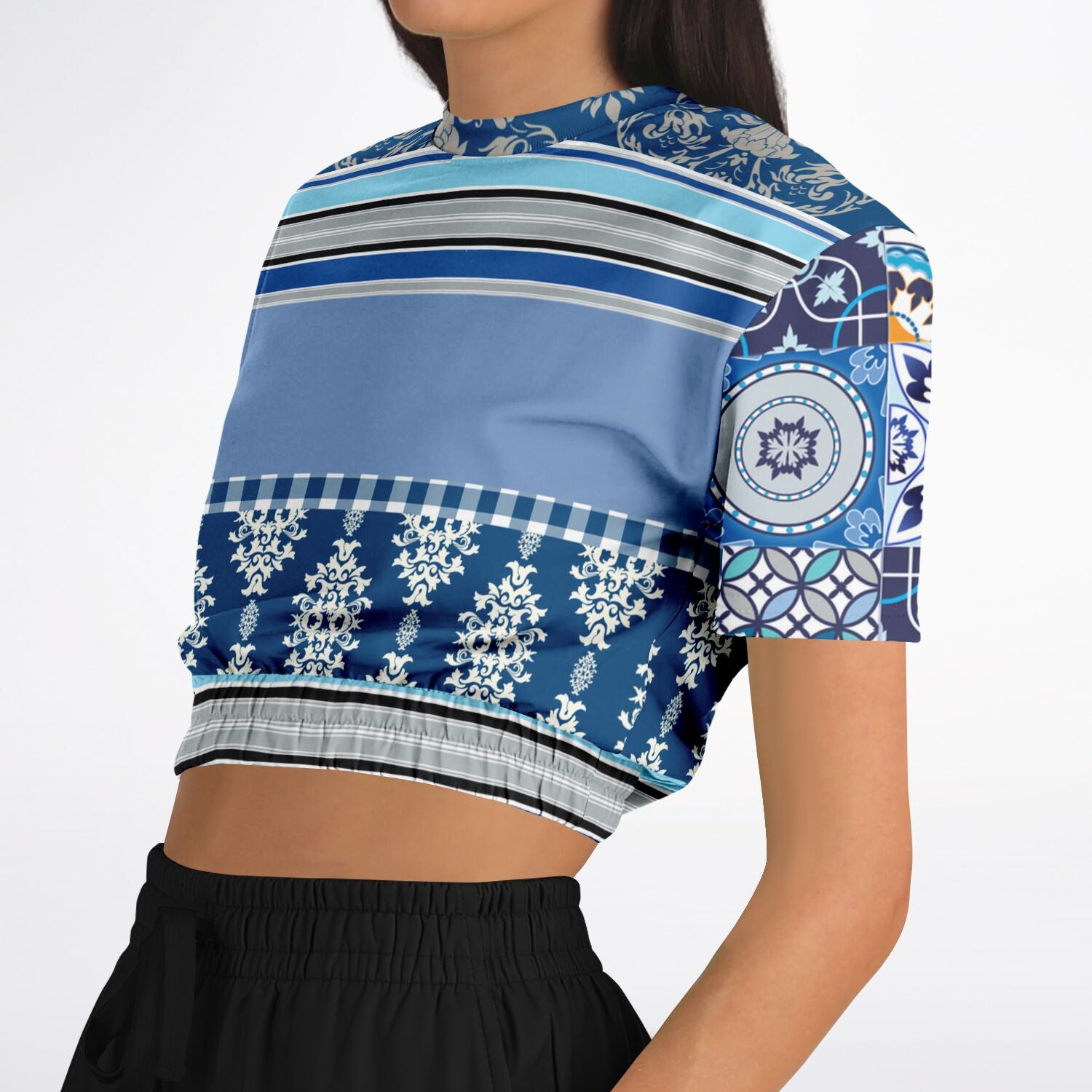 Blue Agadir Moroccan Tile Short Sleeve Cropped Eco-Poly Sweater