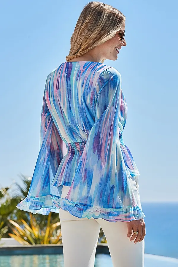 Blue & Pink Watercolour Print Wrap Front Flared Sleeve Jersey Top