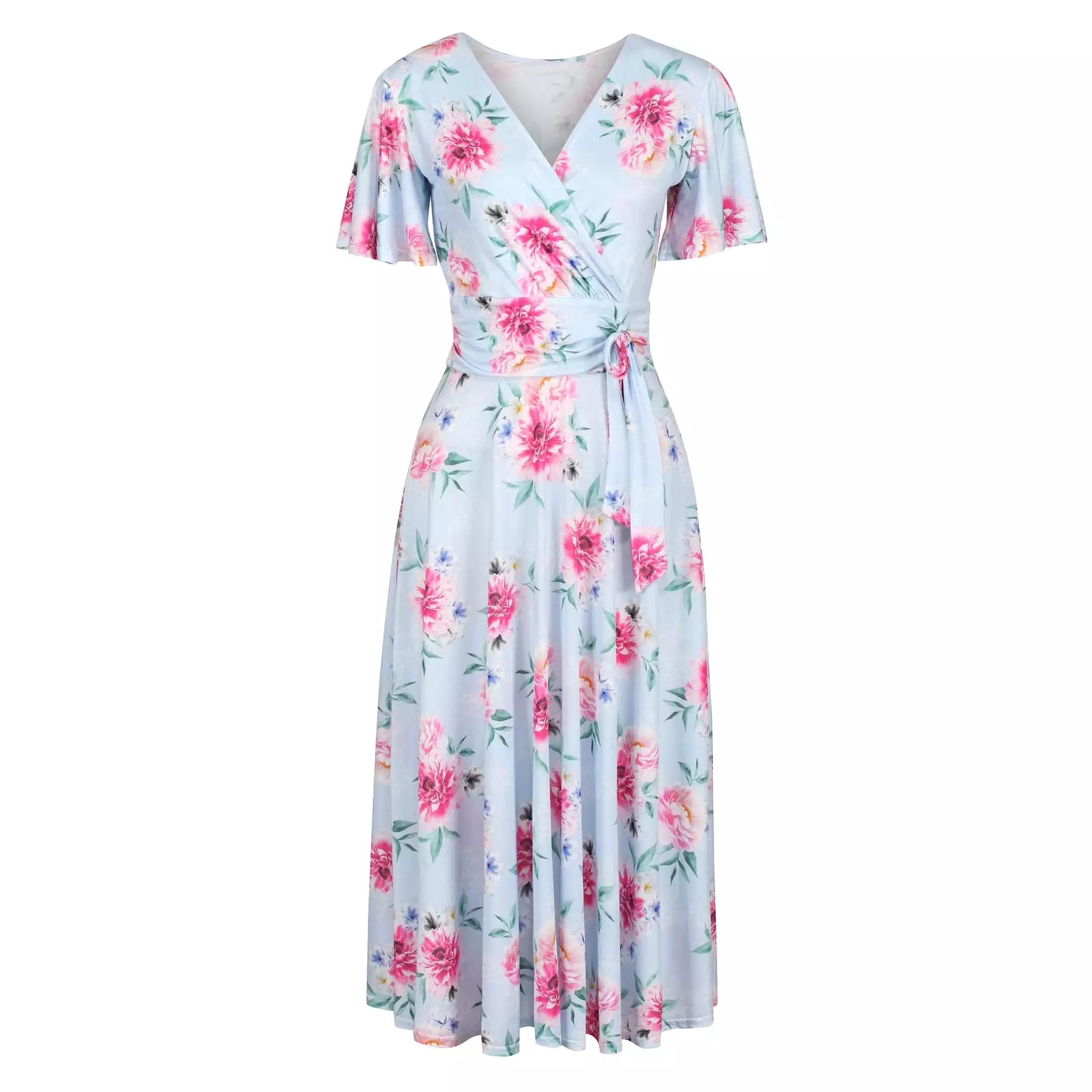 Blue Floral Print Cap Sleeve Crossover Wrap Top Swing Dress