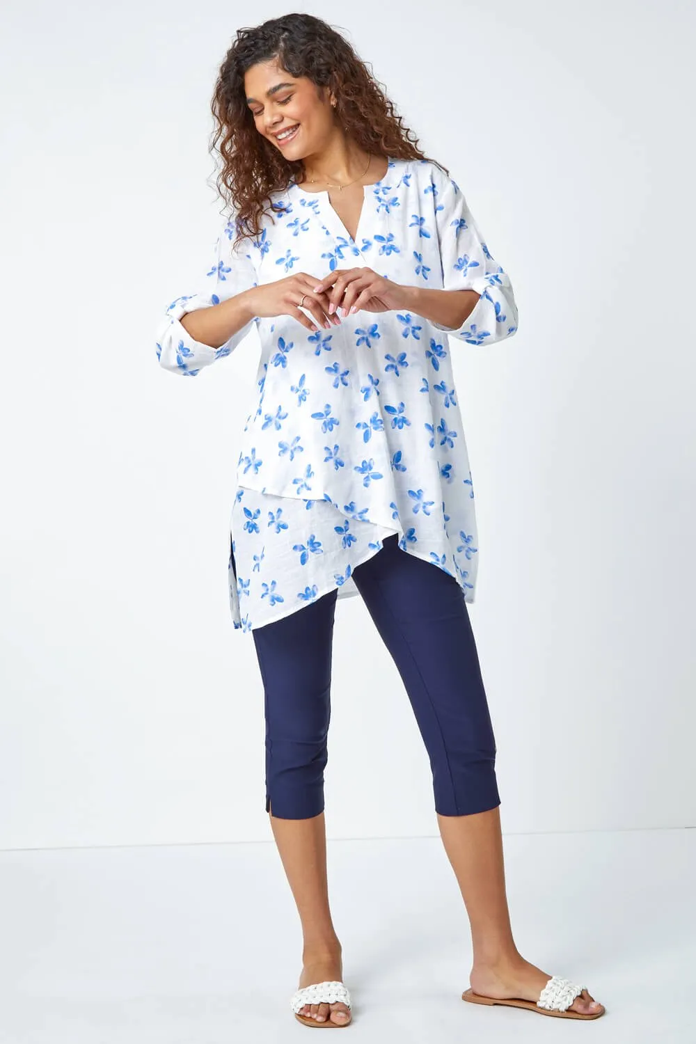 Blue Floral Print Wrap Hem Tunic Top | Roman UK