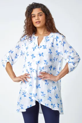 Blue Floral Print Wrap Hem Tunic Top | Roman UK