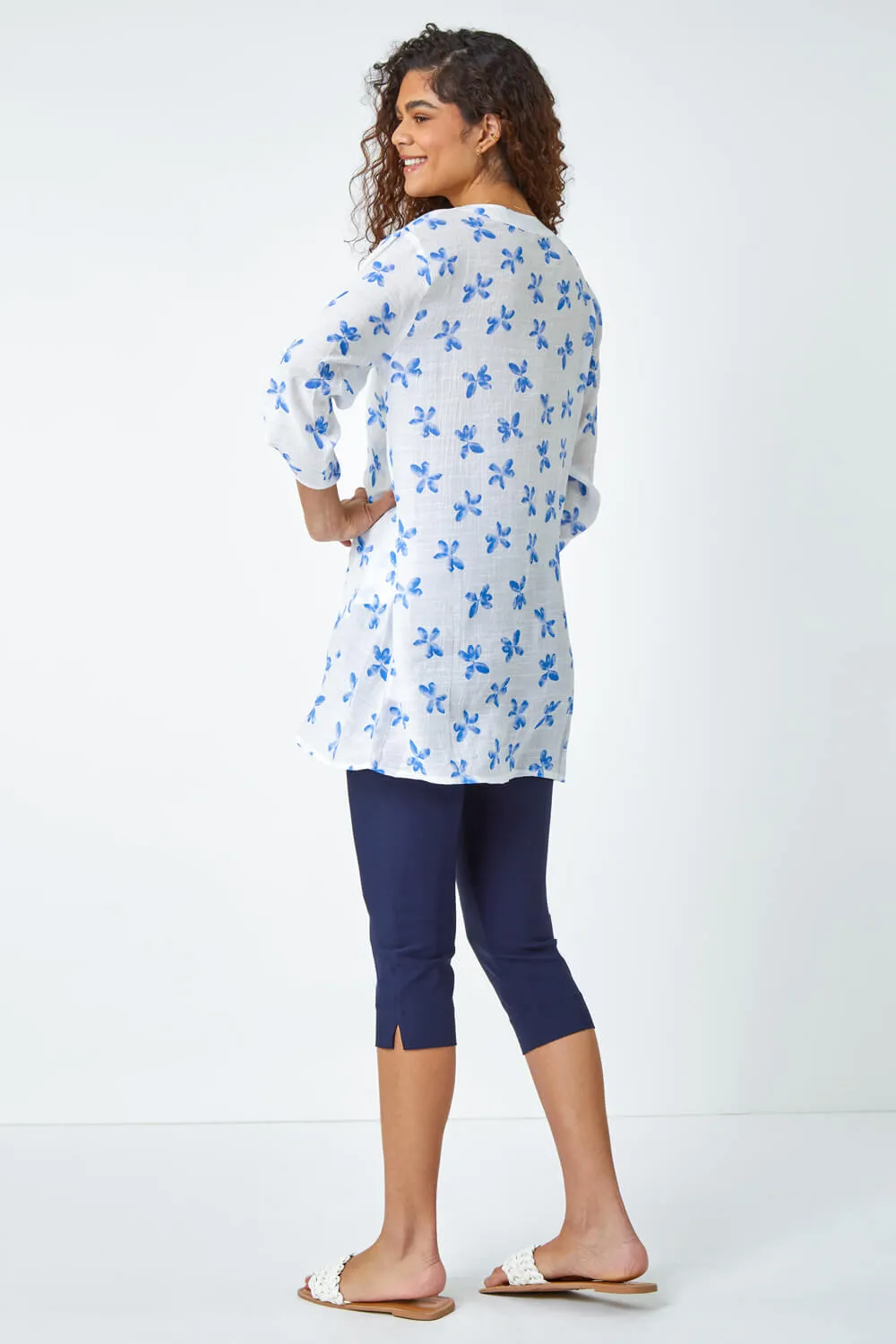 Blue Floral Print Wrap Hem Tunic Top | Roman UK