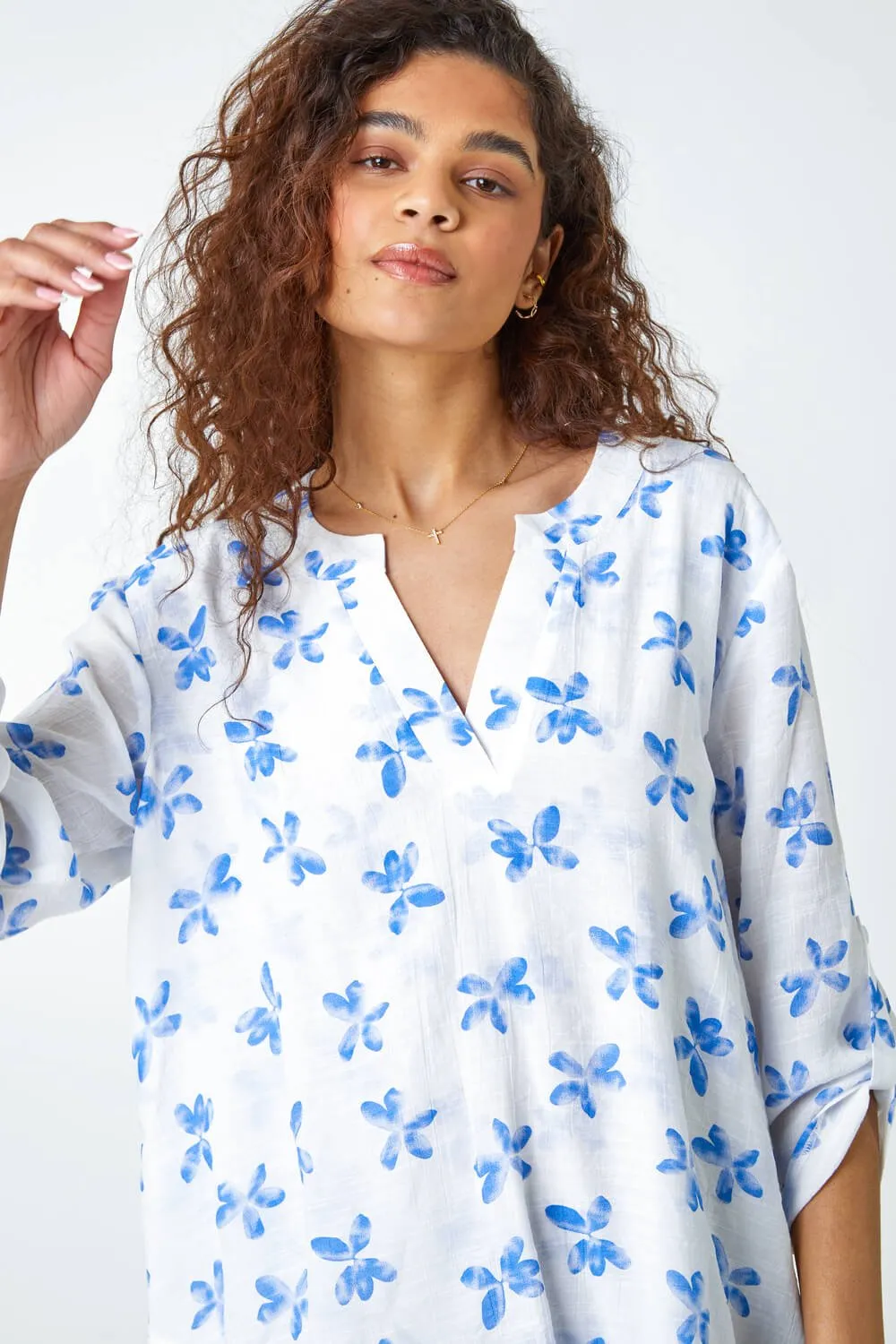 Blue Floral Print Wrap Hem Tunic Top | Roman UK