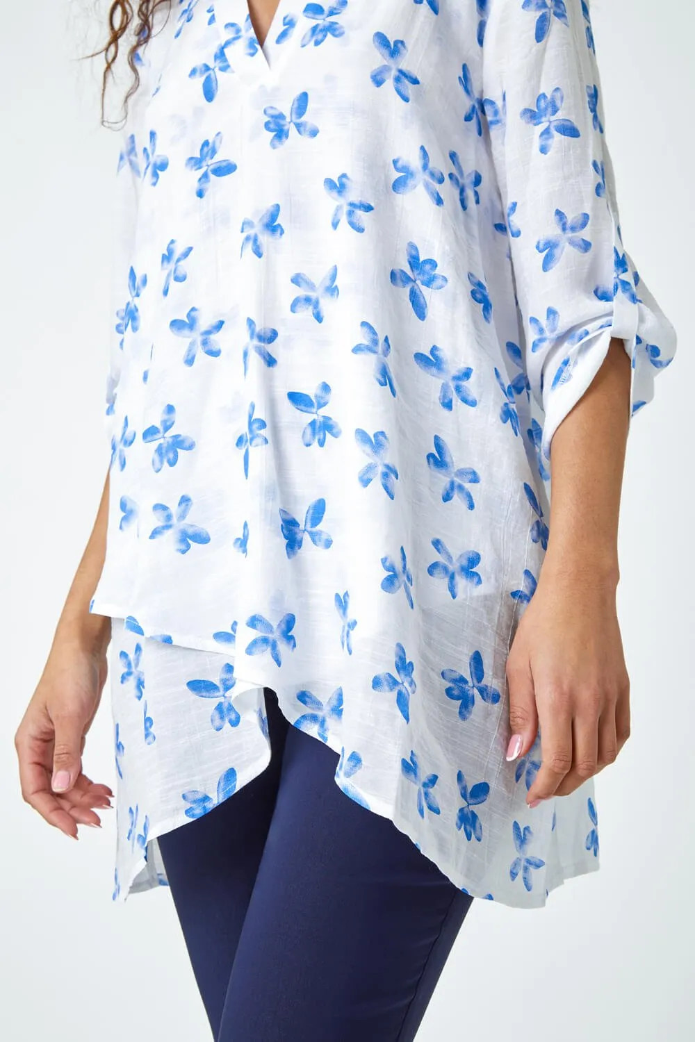 Blue Floral Print Wrap Hem Tunic Top | Roman UK