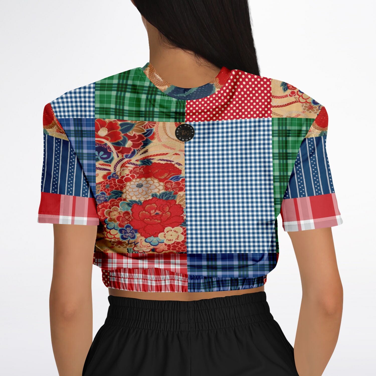 Busan Fleur Floral Plaid Patchwork Short Sleeve Cropped Eco-Poly Sweater