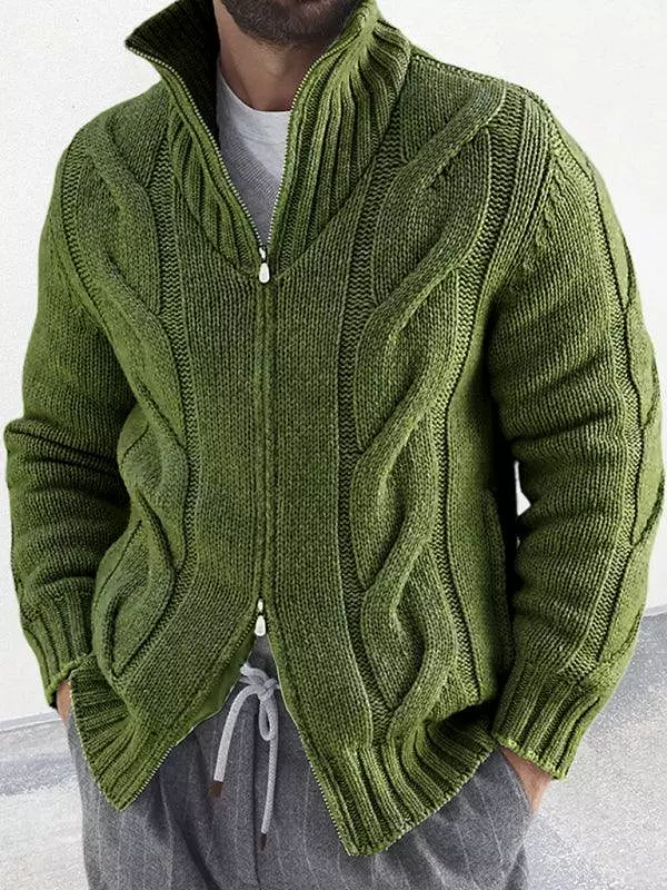 Cable Zipper Men Cardigan Turtleneck Sweater