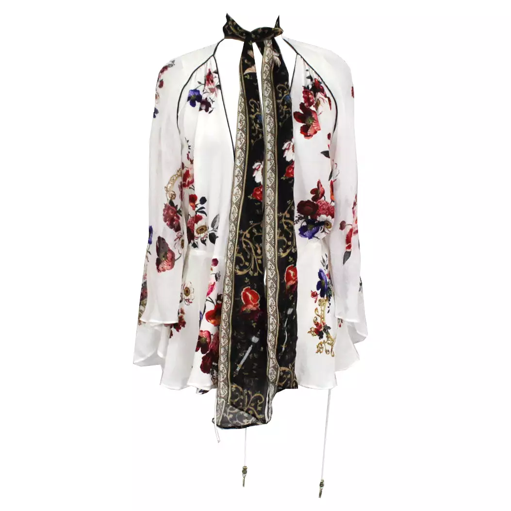 Camilla Brand New White Floral Silk Drawstring Wrap Top XS