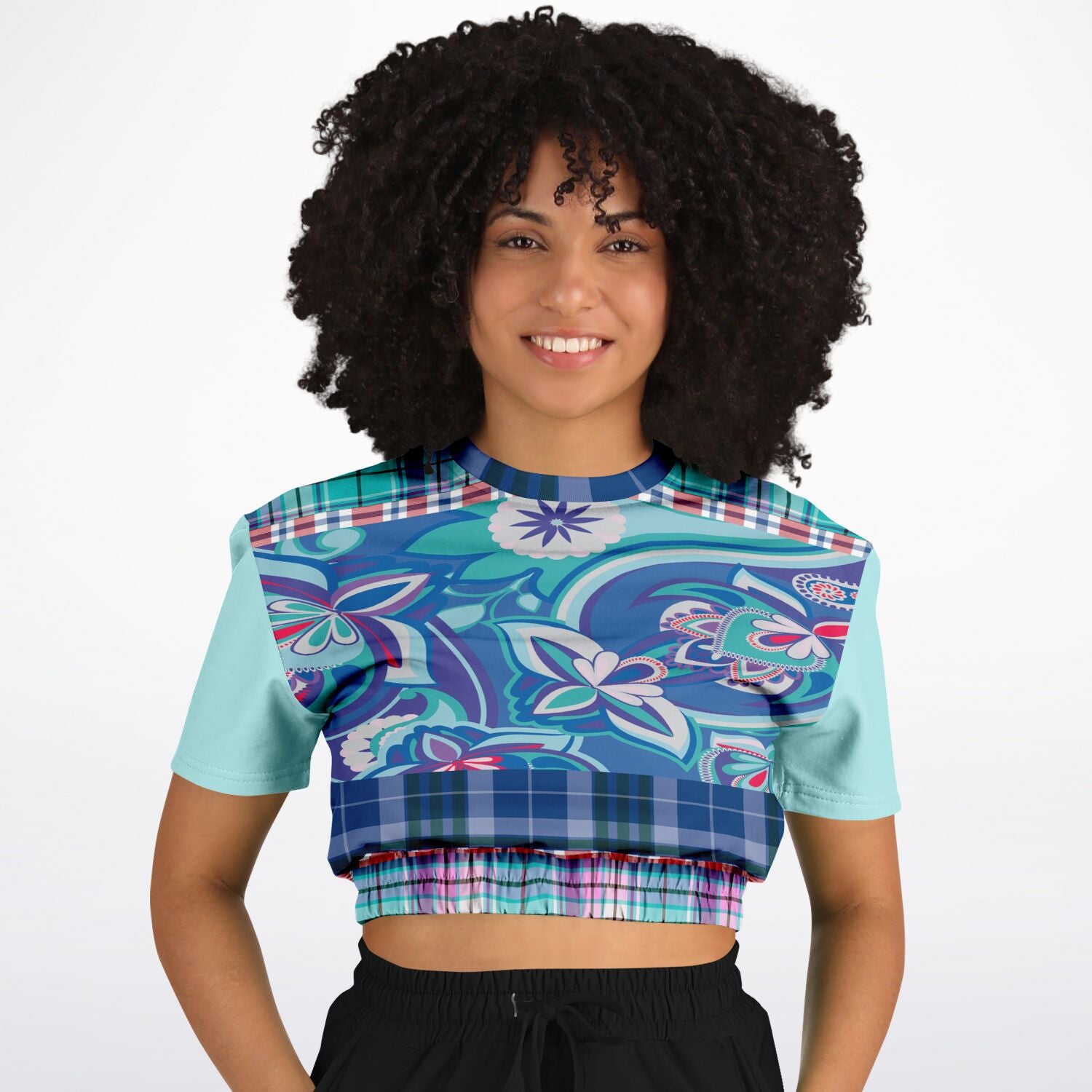 Cerulean Paisley Short Sleeve Cropped Eco-Poly Sweater