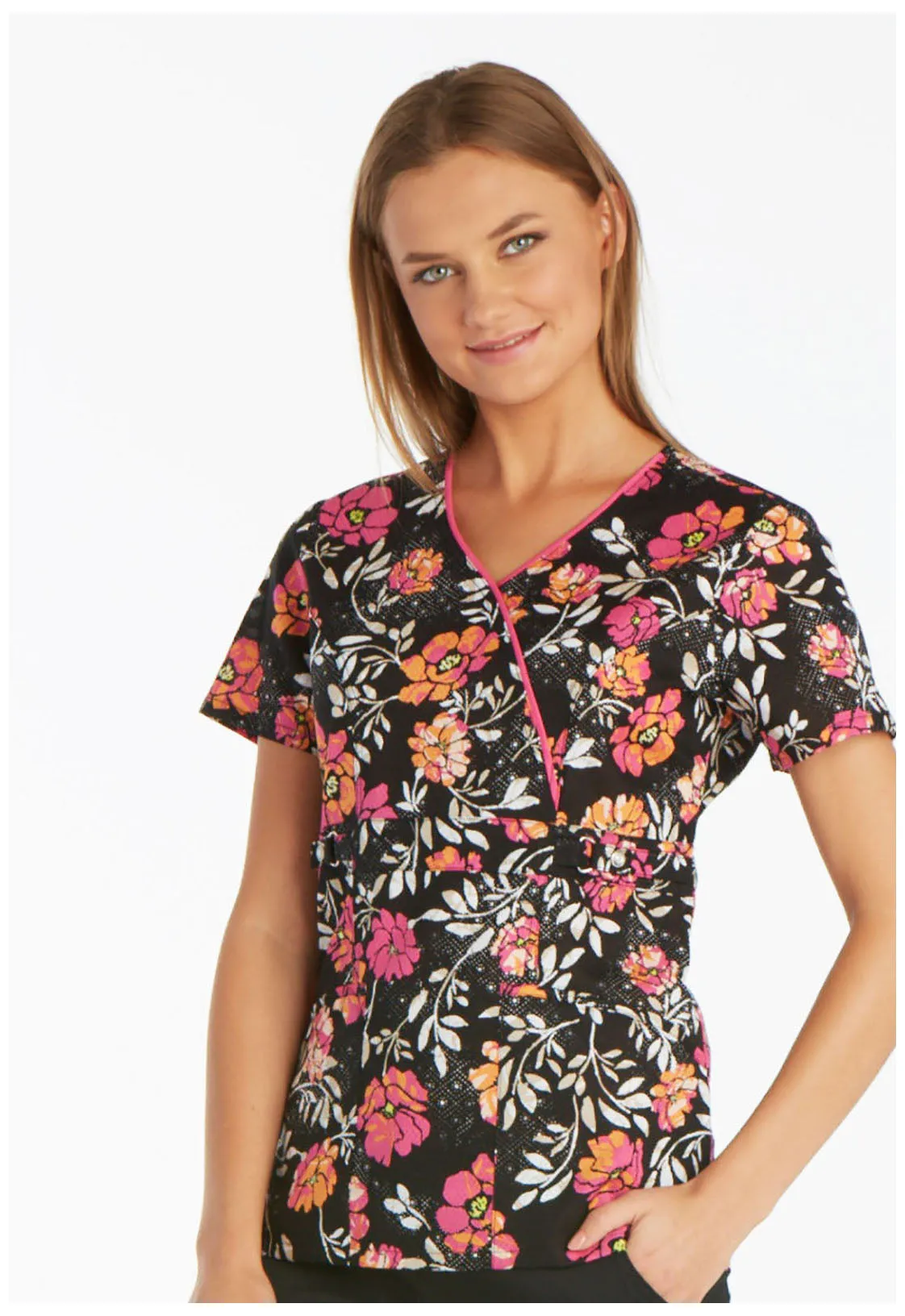 Cherokee Prints Mock Wrap Top  in Mixed Petals