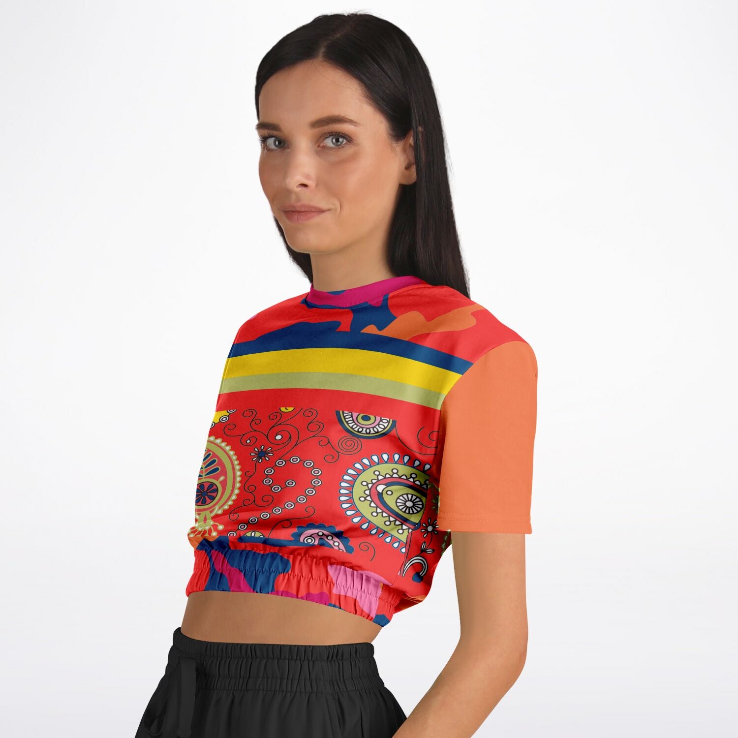 Chili Pepper Paisley Short Sleeve Cropped Eco-Poly Sweater