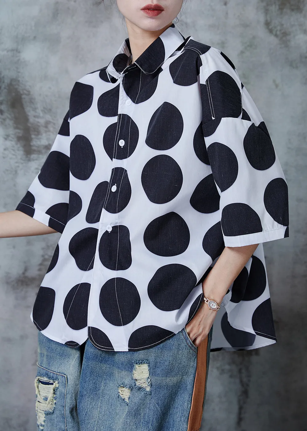 Classy Black Oversized Print Cotton Blouse Tops Summer