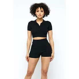 Collar Crop Top + Shorts Set