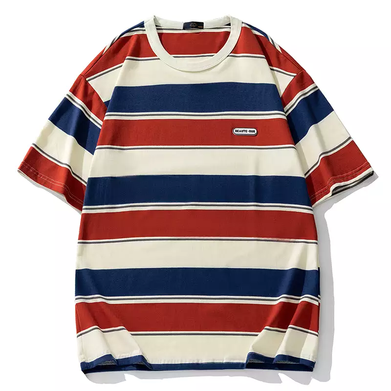 Contrast Color Striped Short-Sleeved and Loose T-shirt