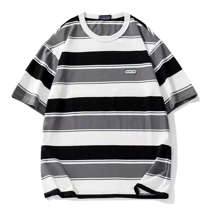 Contrast Color Striped Short-Sleeved and Loose T-shirt