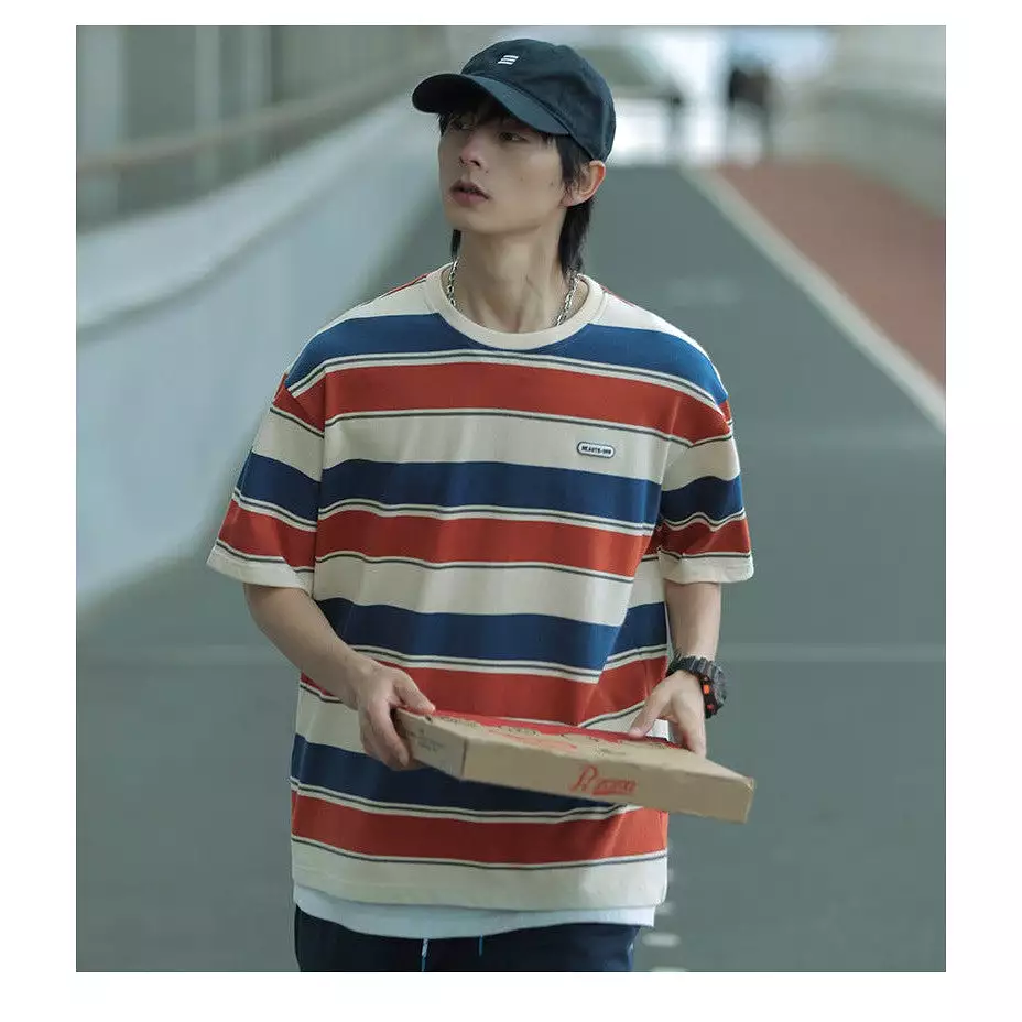 Contrast Color Striped Short-Sleeved and Loose T-shirt