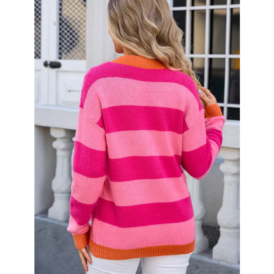 Contrast Striped Round Neck Sweater