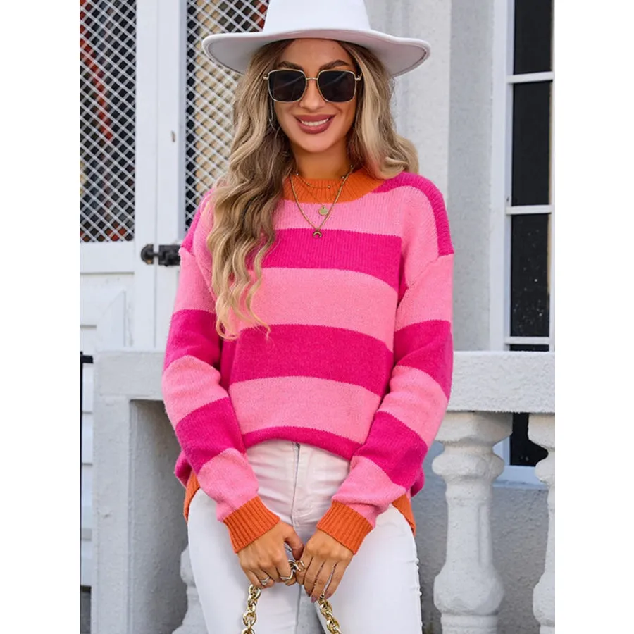 Contrast Striped Round Neck Sweater