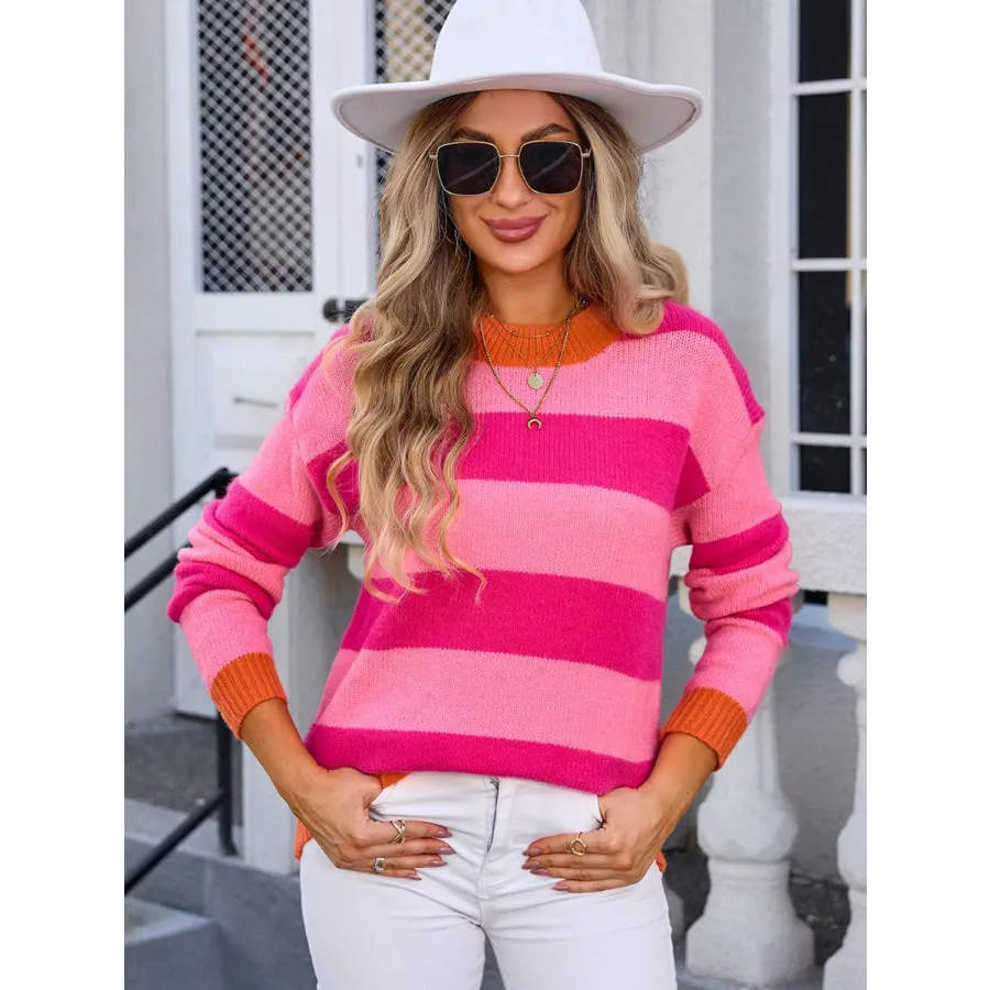 Contrast Striped Round Neck Sweater