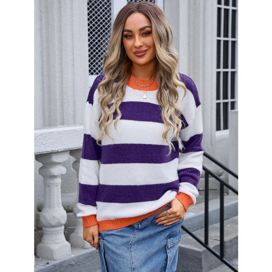 Contrast Striped Round Neck Sweater