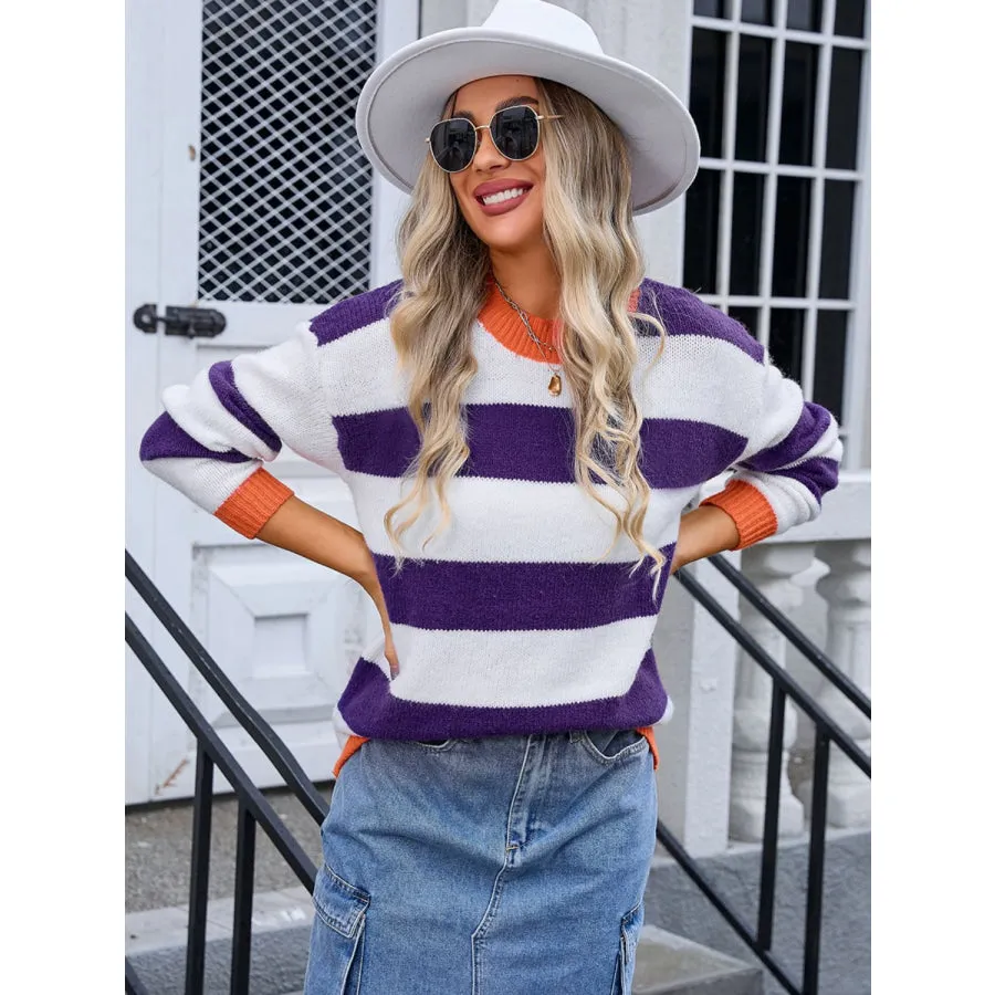 Contrast Striped Round Neck Sweater