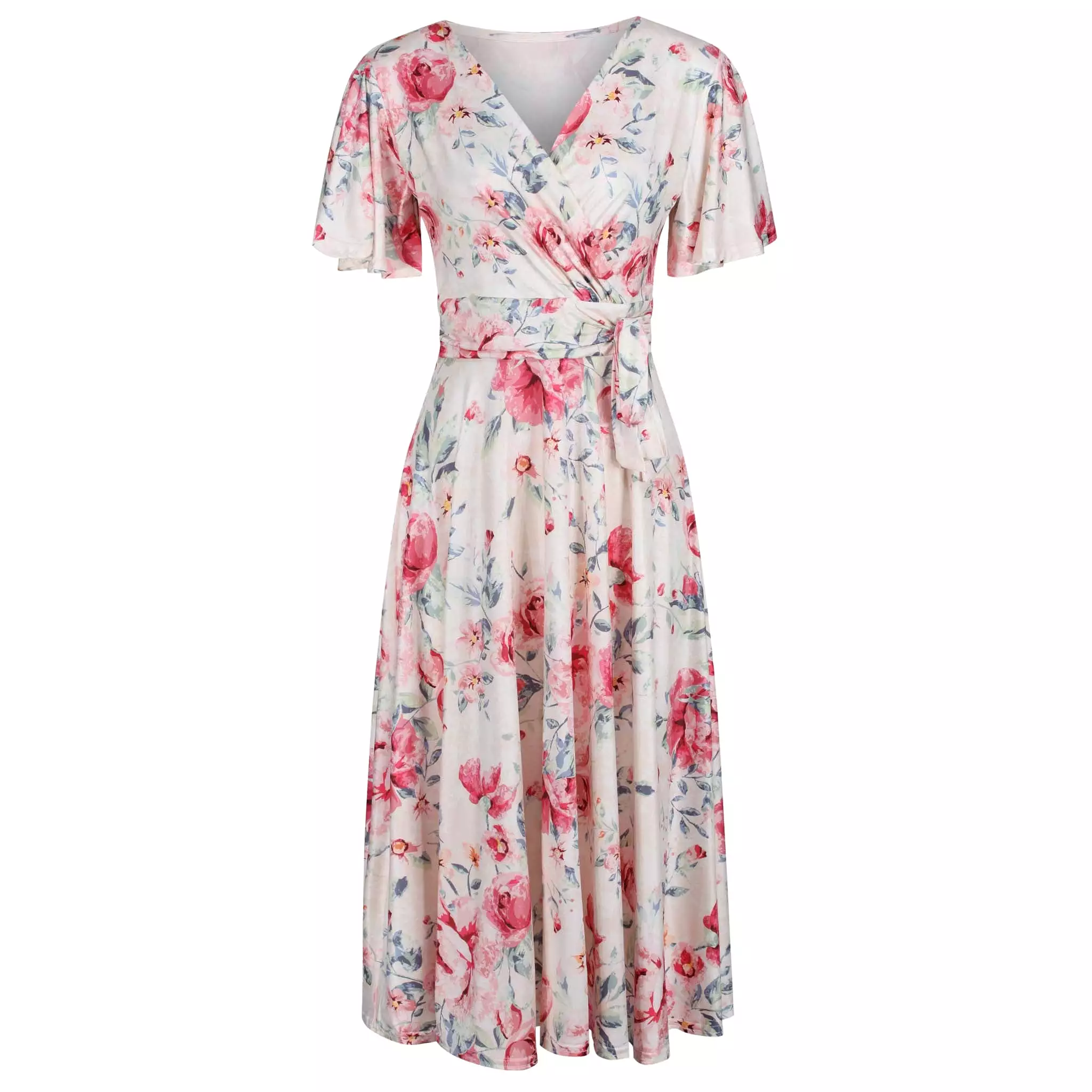 Cream Pink Floral Print Cap Sleeve V Neck Wrap Top Swing Dress