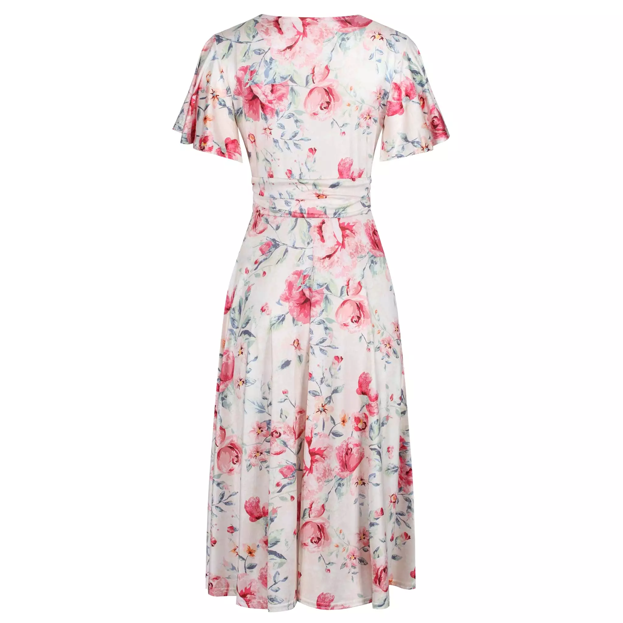 Cream Pink Floral Print Cap Sleeve V Neck Wrap Top Swing Dress