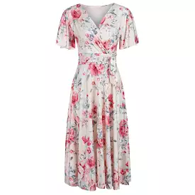 Cream Pink Floral Print Cap Sleeve V Neck Wrap Top Swing Dress