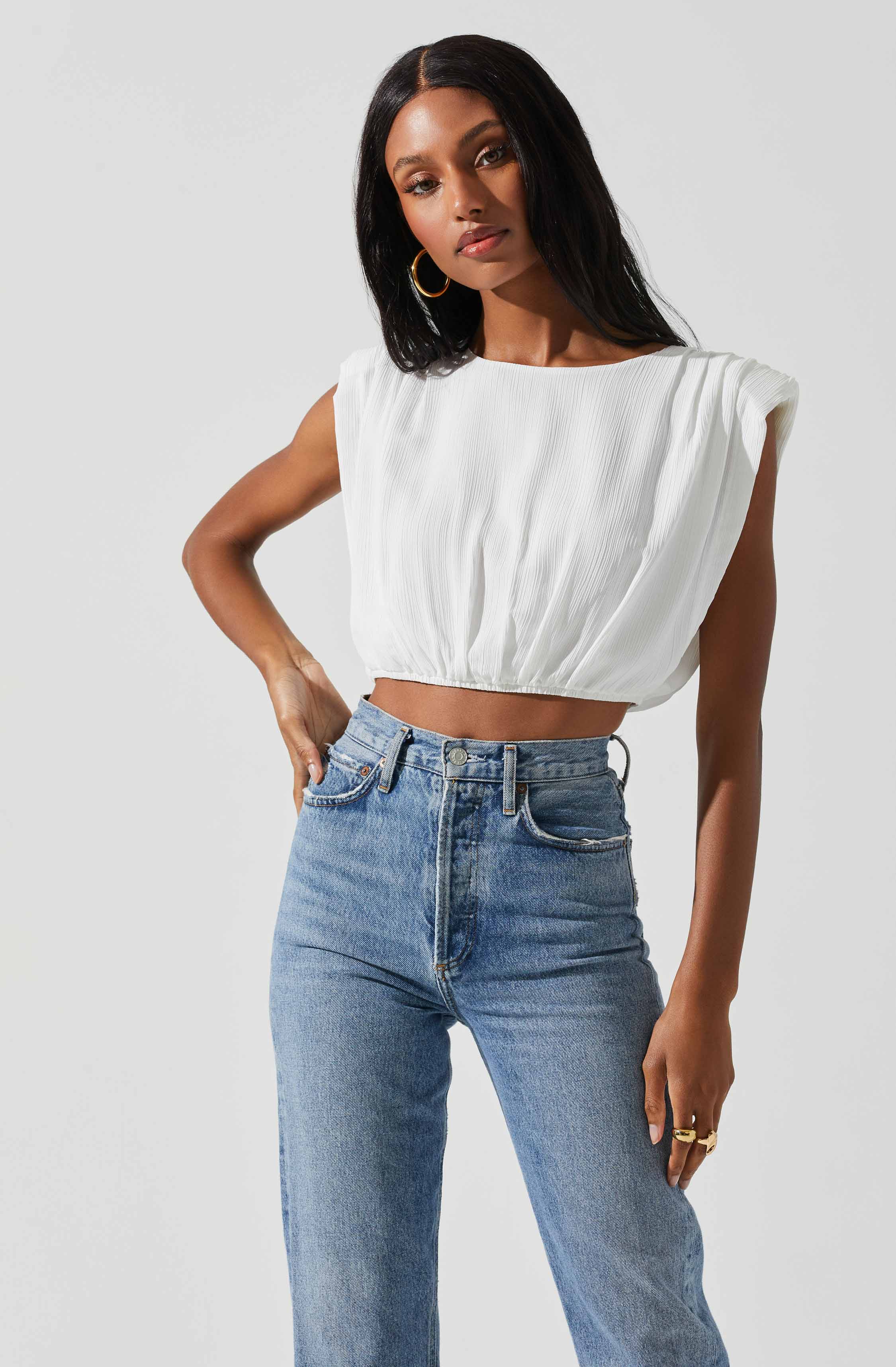 Cropped Plisse Balloon Hem Top