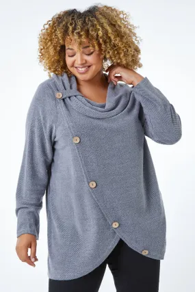 Curve Cowl Neck Button Wrap Top in Light Grey - Roman Originals UK