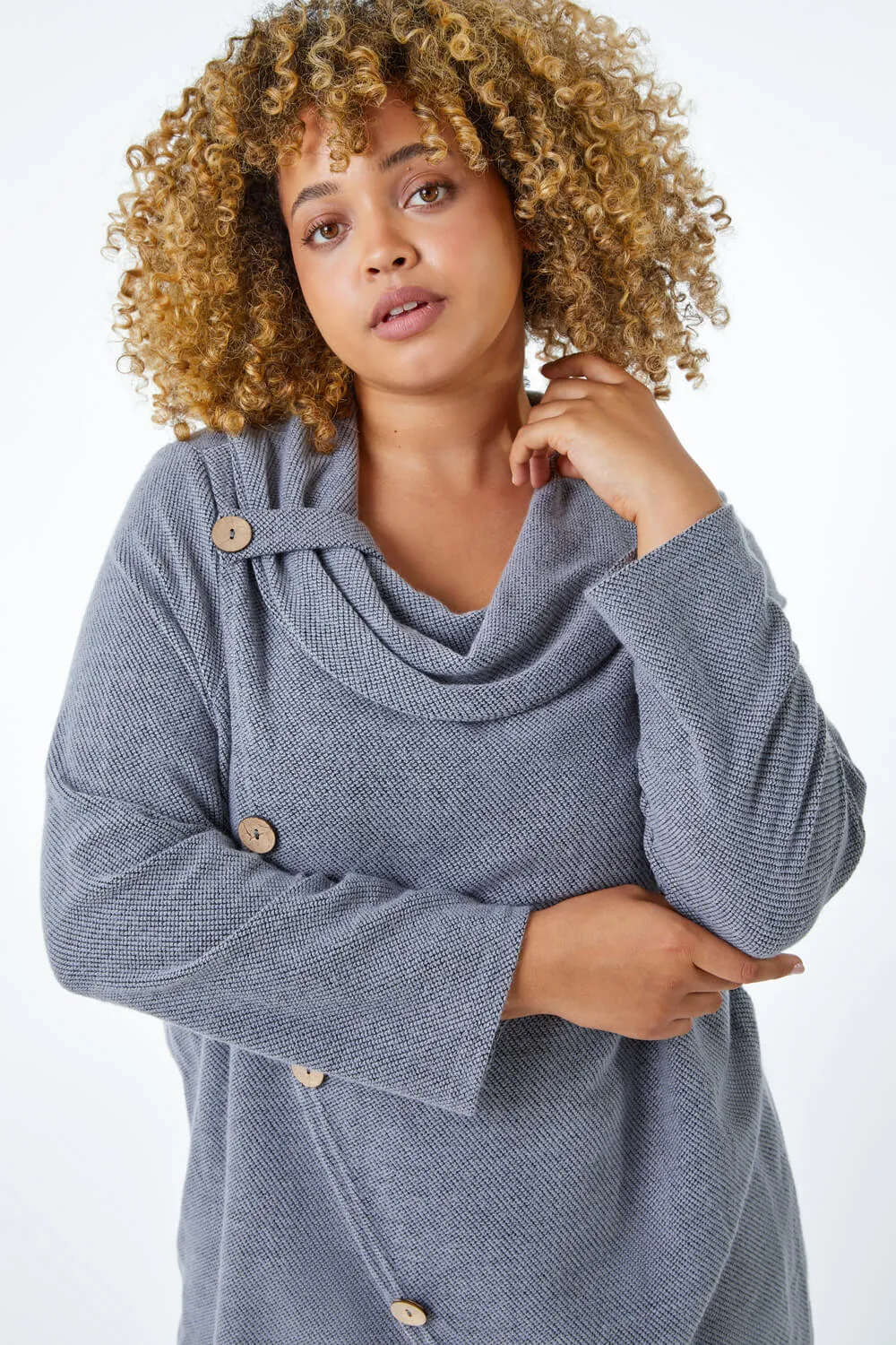 Curve Cowl Neck Button Wrap Top in Light Grey - Roman Originals UK