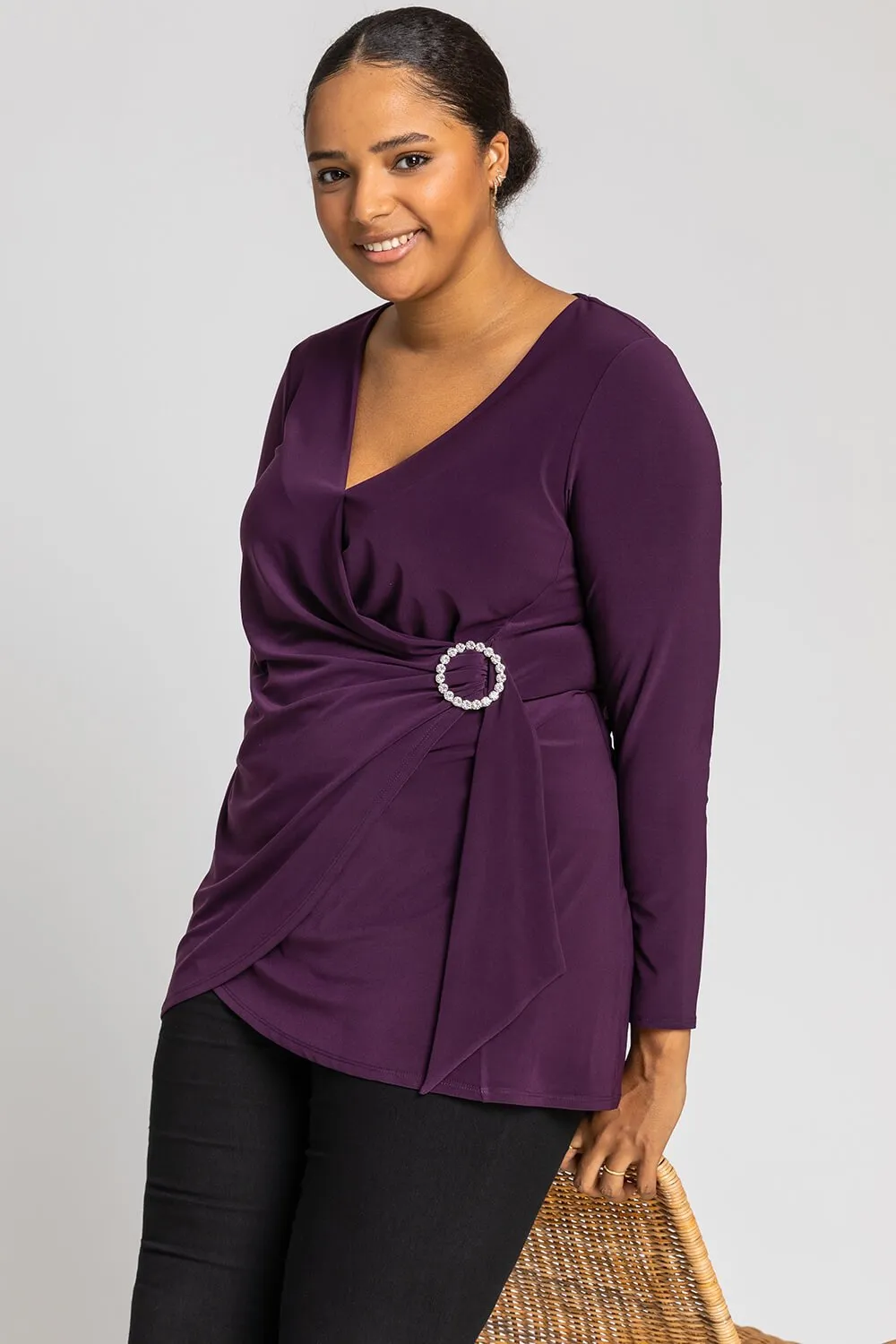 Curve Wrap Diamante Buckle Top in Plum - Roman Originals UK