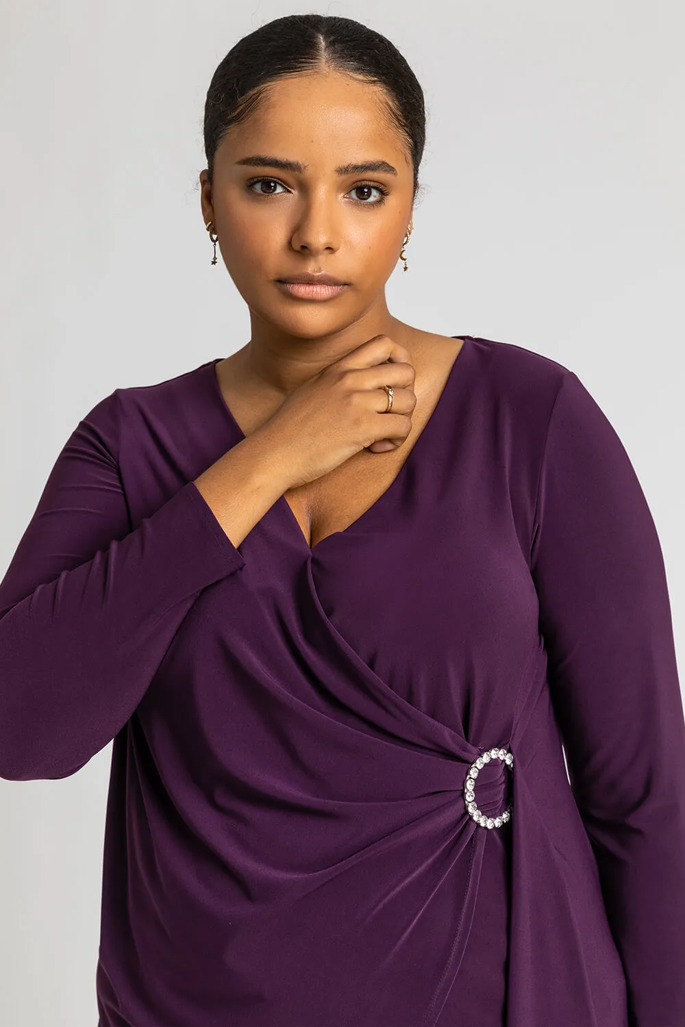 Curve Wrap Diamante Buckle Top in Plum - Roman Originals UK