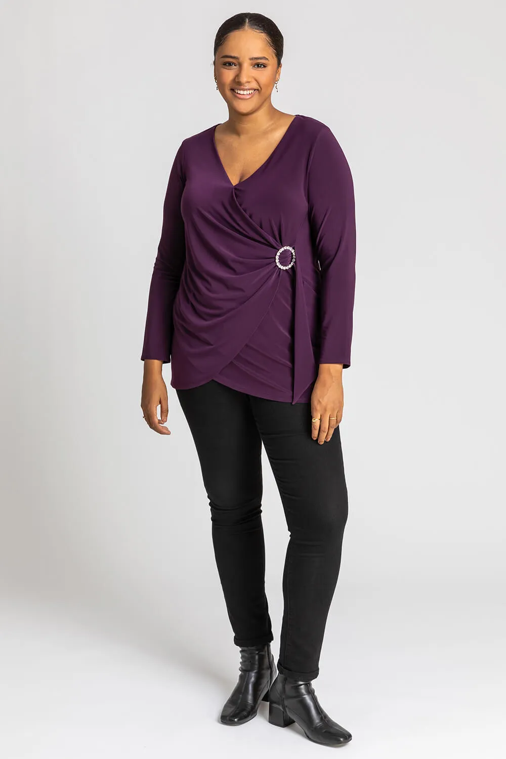 Curve Wrap Diamante Buckle Top in Plum - Roman Originals UK